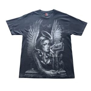 OG Abel Mens Graphic T-Shirt Black Angel Drinking Smoking Tattoo Art Size Large